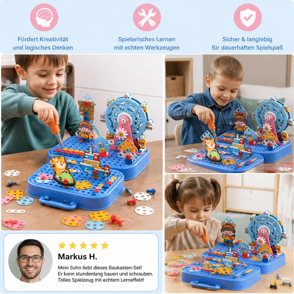 DIY-Werkzeugkasten für Kinder mit Bauplatte, Riesenrad und Bohrmaschine