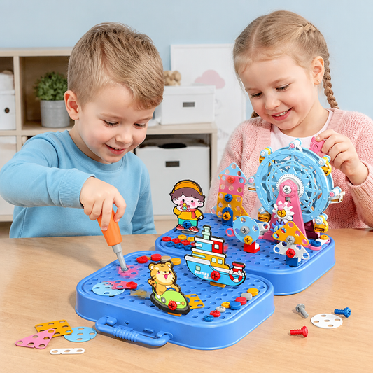 DIY-Werkzeugkasten für Kinder mit Bauplatte, Riesenrad und Bohrmaschine