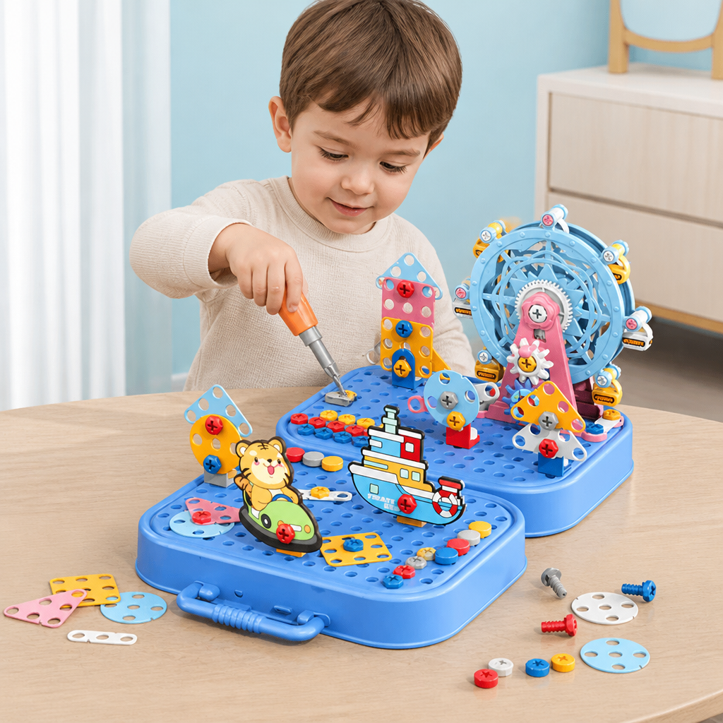 DIY-Werkzeugkasten für Kinder mit Bauplatte, Riesenrad und Bohrmaschine
