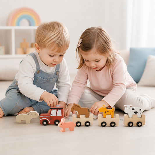 Bauernhof-Tierzug aus Holz – Spielzeug mit flexiblen Rädern für Kinder
