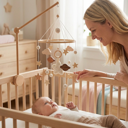 Handgemachtes Baby-Mobile aus Holz & gehäkelten Anhängern – Beruhigendes Bettspielzeug für Neugeborene