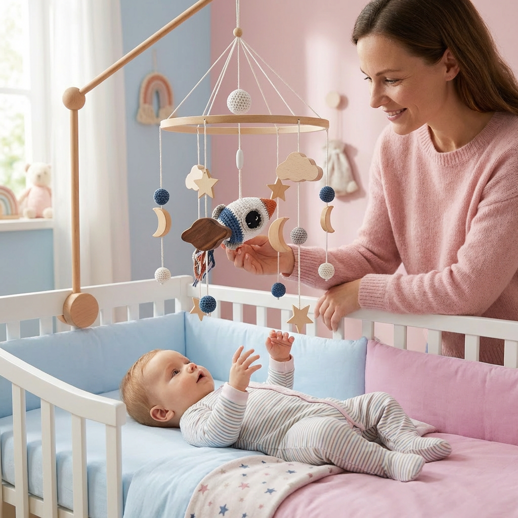 Handgemachtes Baby-Mobile aus Holz & gehäkelten Anhängern – Beruhigendes Bettspielzeug für Neugeborene