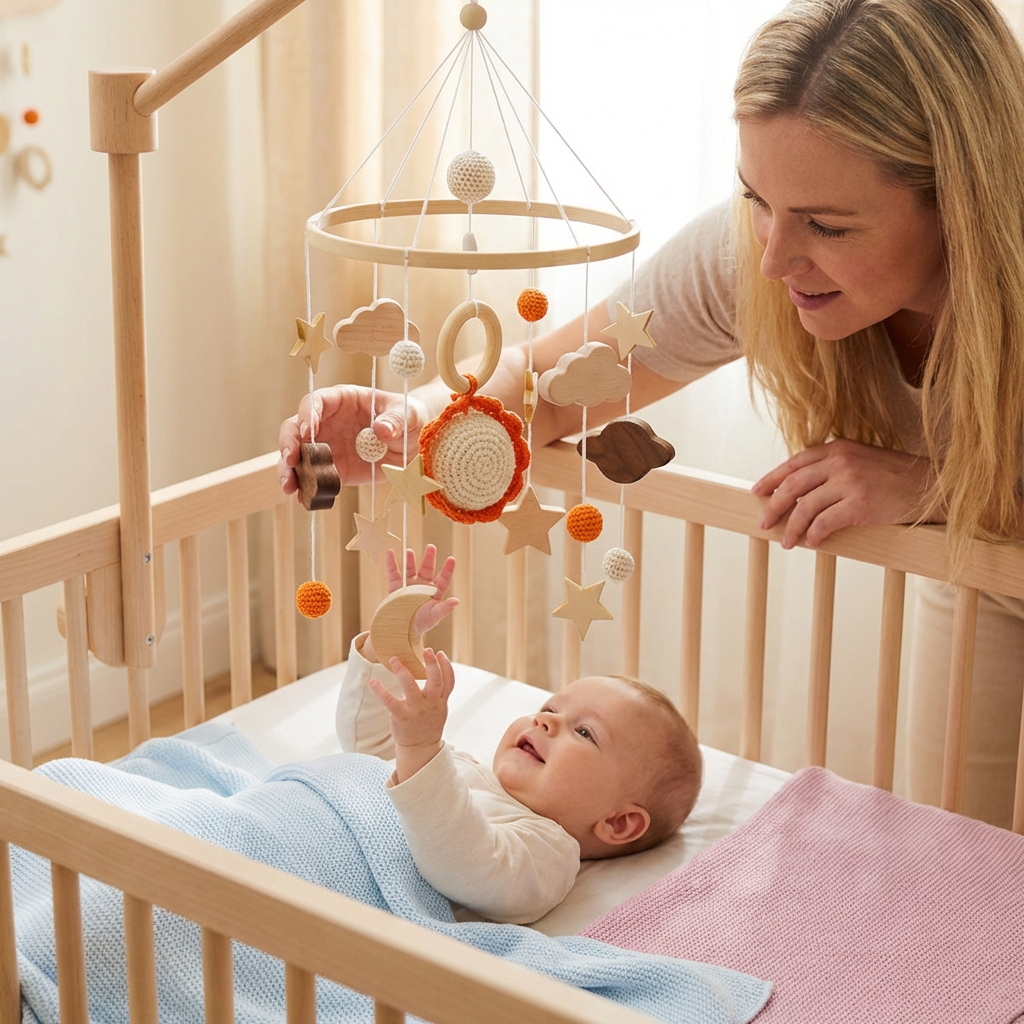 Handgemachtes Baby-Mobile aus Holz & gehäkelten Anhängern – Beruhigendes Bettspielzeug für Neugeborene