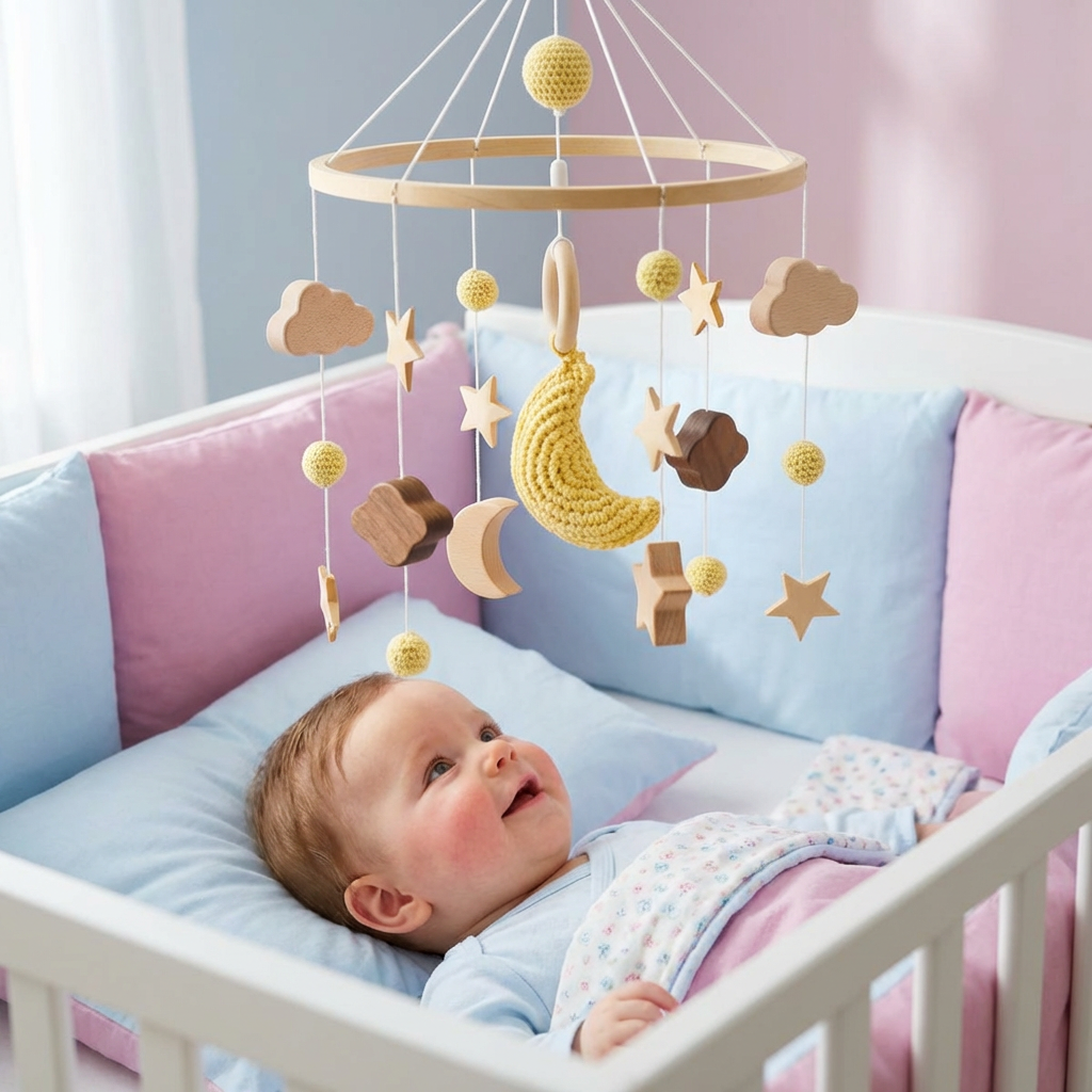 Handgemachtes Baby-Mobile aus Holz & gehäkelten Anhängern – Beruhigendes Bettspielzeug für Neugeborene