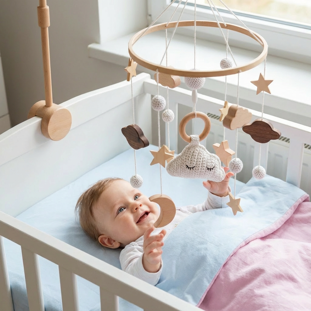 Handgemachtes Baby-Mobile aus Holz & gehäkelten Anhängern – Beruhigendes Bettspielzeug für Neugeborene