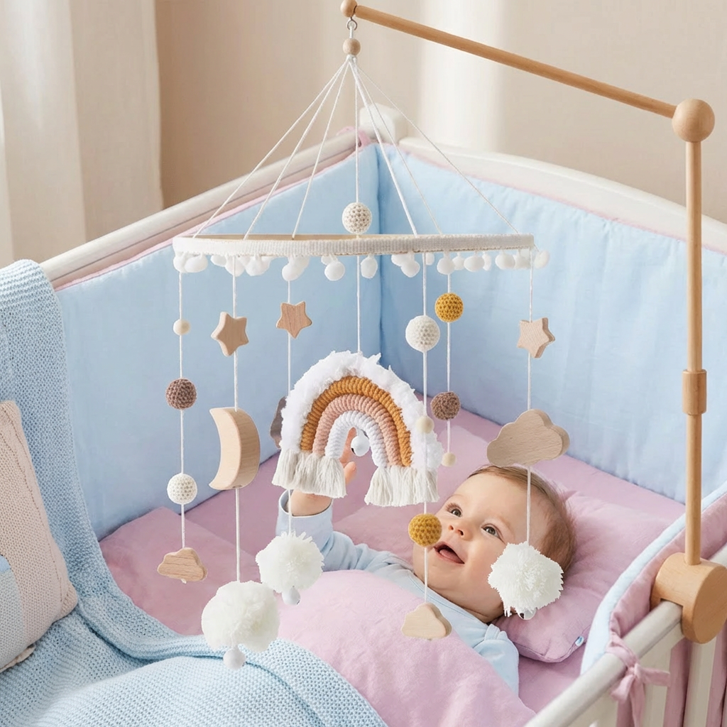Handgemachtes Baby-Mobile aus Holz & gehäkelten Anhängern – Beruhigendes Bettspielzeug für Neugeborene