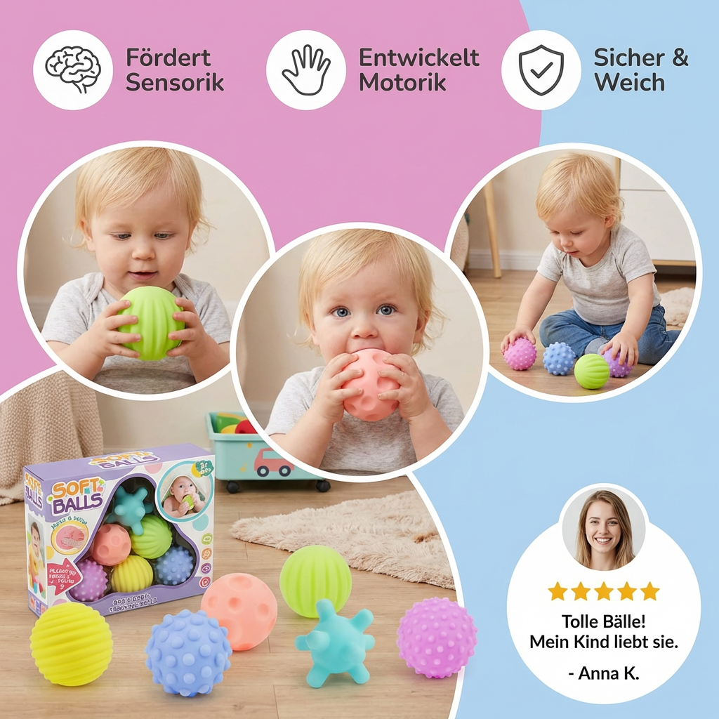 6er Set Sensorik-Bälle – Weiche Tastsinn- & Massagebälle für Babys & Kinder