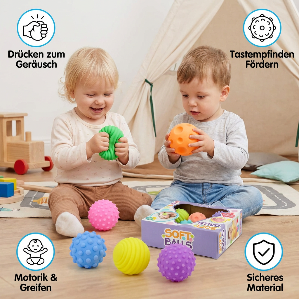 6er Set Sensorik-Bälle – Weiche Tastsinn- & Massagebälle für Babys & Kinder
