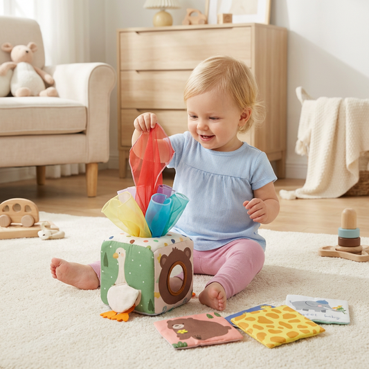 Montessori Baby Sensorik-Tücherbox – Weiches Knister- & Fühlspiel