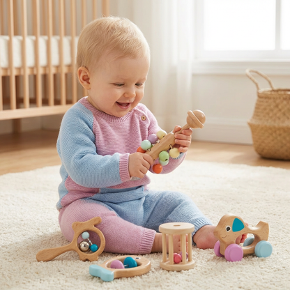Baby Geschenkset aus Holz – Rassel- & Musikspielzeug für Neugeborene