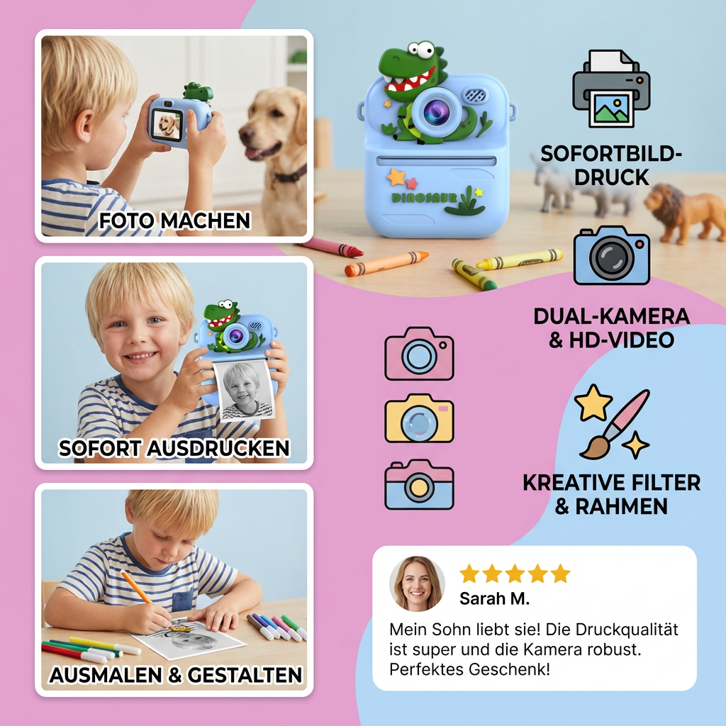 Kinder Sofortbildkamera mit Mini-Thermodrucker – Dual-Kamera & HD-Video (1080p)