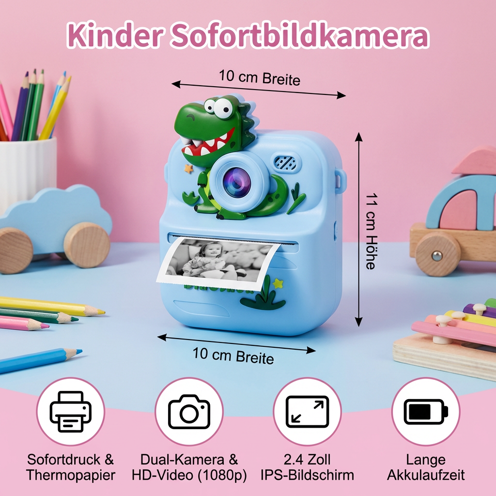 Kinder Sofortbildkamera mit Mini-Thermodrucker – Dual-Kamera & HD-Video (1080p)