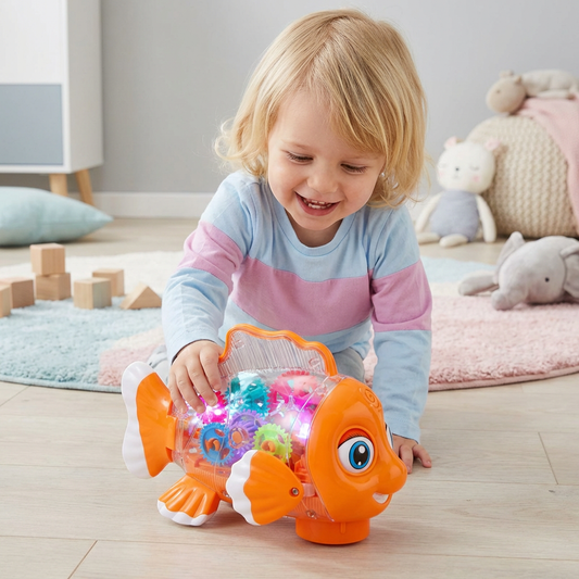 Leuchtender Zahnrad Fisch für Kinder – Transparentes Musik & Bewegungs Spielzeug