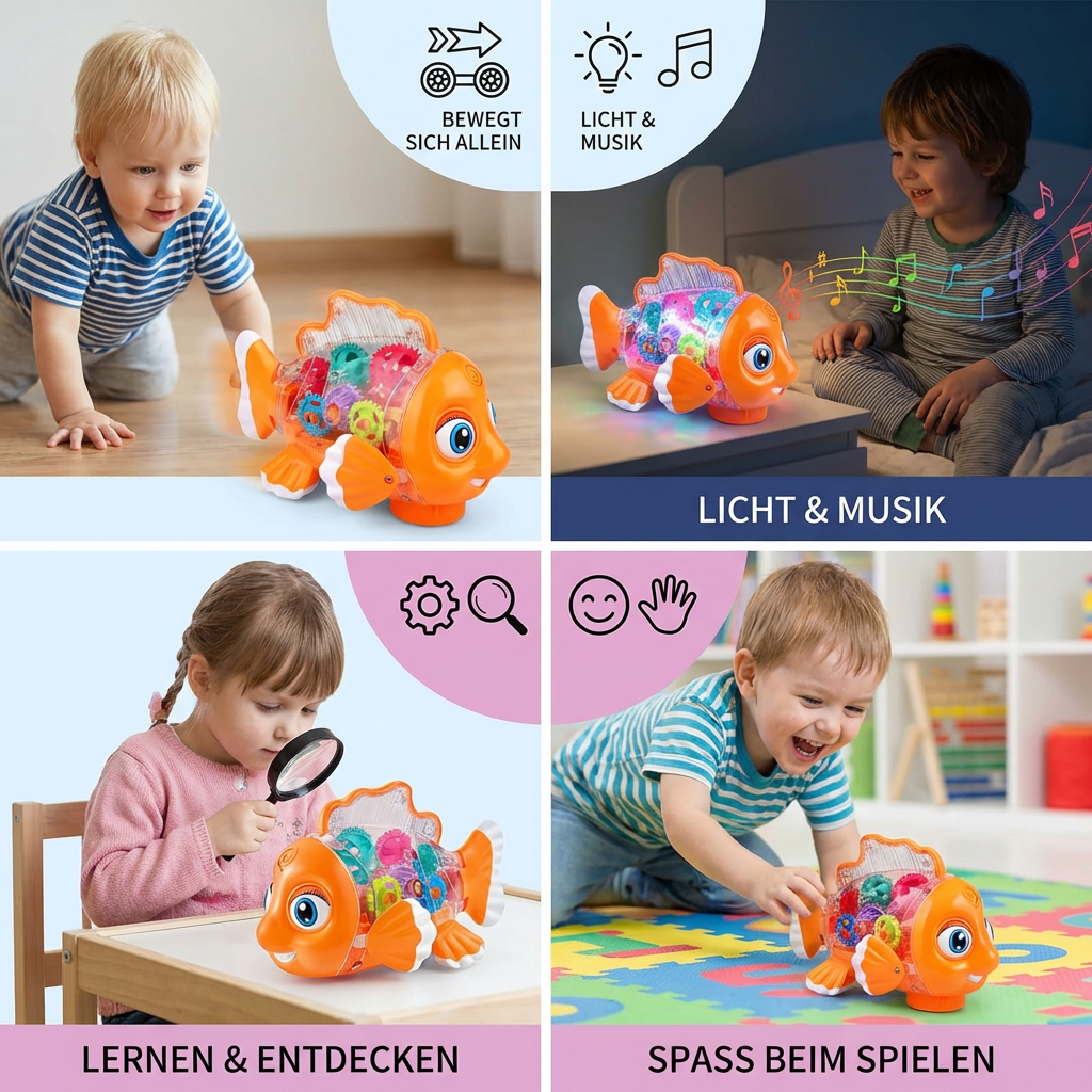 Leuchtender Zahnrad Fisch für Kinder – Transparentes Musik & Bewegungs Spielzeug