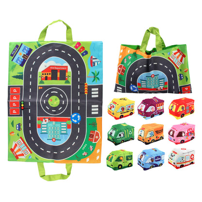 2in1 Sensorische Plüsch Spielzeug Autos mit Straßenmatte und Tasche für Unterwegs