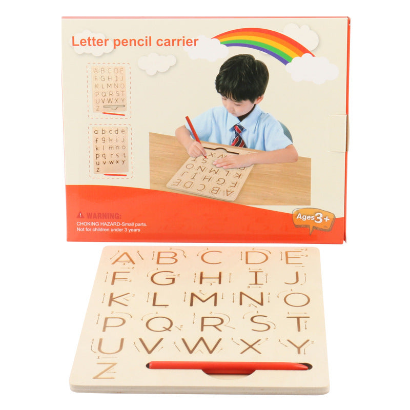 Wooden children's grooved letter pen board for baby learning to practice calligraphy, early education, educational hand-eye coordination toy for kindergarten