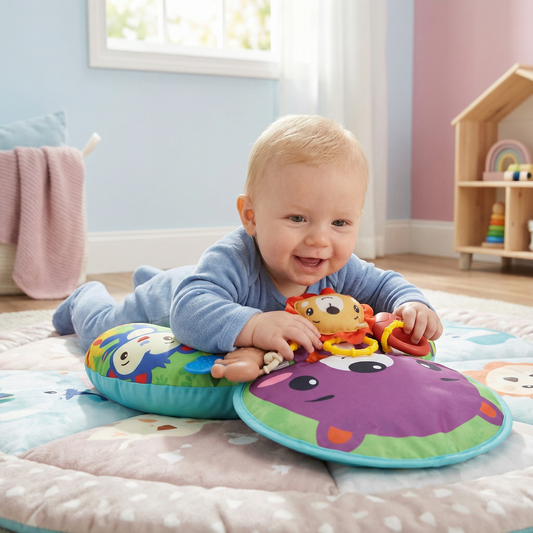 Baby Trainingskissen für Bauchlage mit Spielbogen – Fördert Sensorik & frühe Entwicklung