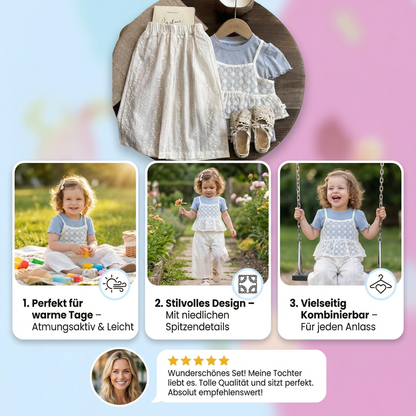 Süßes 3-teiliges Baby-Mädchen Set für Frühling & Sommer – Kurzarm Oberteil mit Spitze, Hose & Outfit