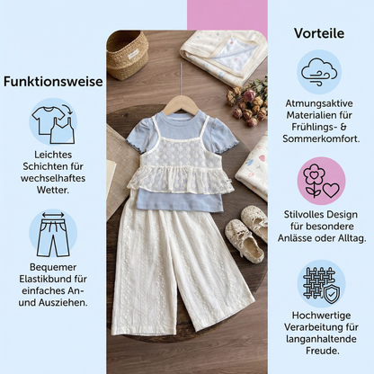 Süßes 3-teiliges Baby-Mädchen Set für Frühling & Sommer – Kurzarm Oberteil mit Spitze, Hose & Outfit