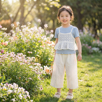 Süßes 3-teiliges Baby-Mädchen Set für Frühling & Sommer – Kurzarm Oberteil mit Spitze, Hose & Outfit