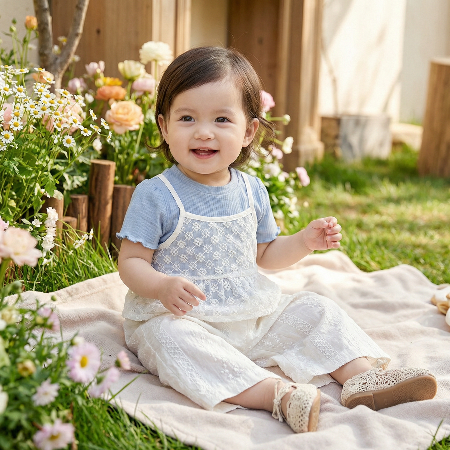 Süßes 3-teiliges Baby-Mädchen Set für Frühling & Sommer – Kurzarm Oberteil mit Spitze, Hose & Outfit