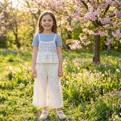 Süßes 3-teiliges Baby-Mädchen Set für Frühling & Sommer – Kurzarm Oberteil mit Spitze, Hose & Outfit
