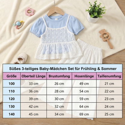 Süßes 3-teiliges Baby-Mädchen Set für Frühling & Sommer – Kurzarm Oberteil mit Spitze, Hose & Outfit