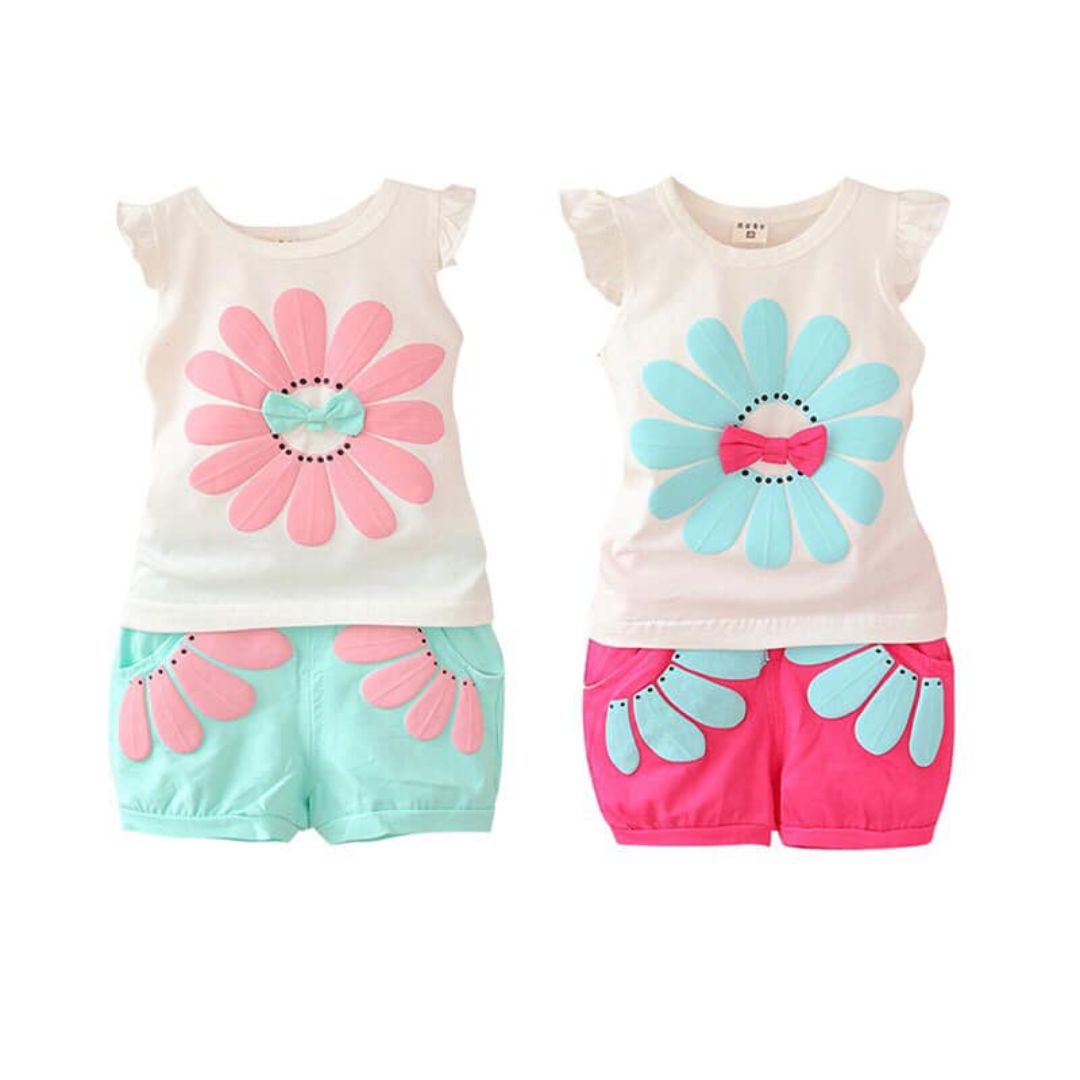 Fröhliche Abenteuer – Baumwoll-Sommer-Set mit Blumenapplikation für Mädchen