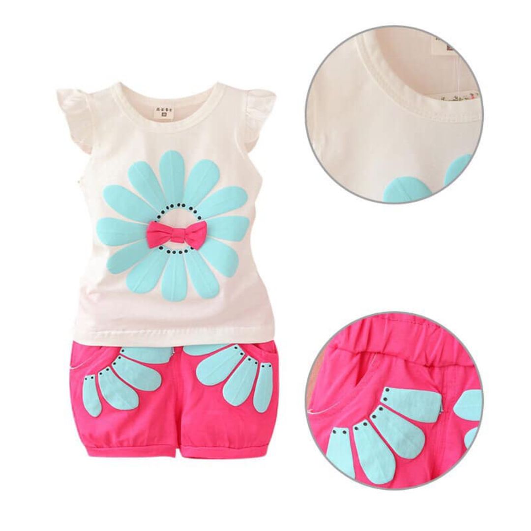 Fröhliche Abenteuer – Baumwoll-Sommer-Set mit Blumenapplikation für Mädchen