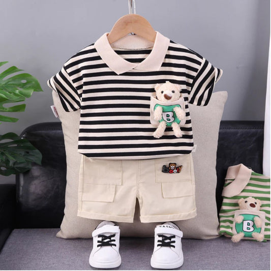 Streifen Anzug – Baumwollkleid Set mit Bärmotiv für Kinder