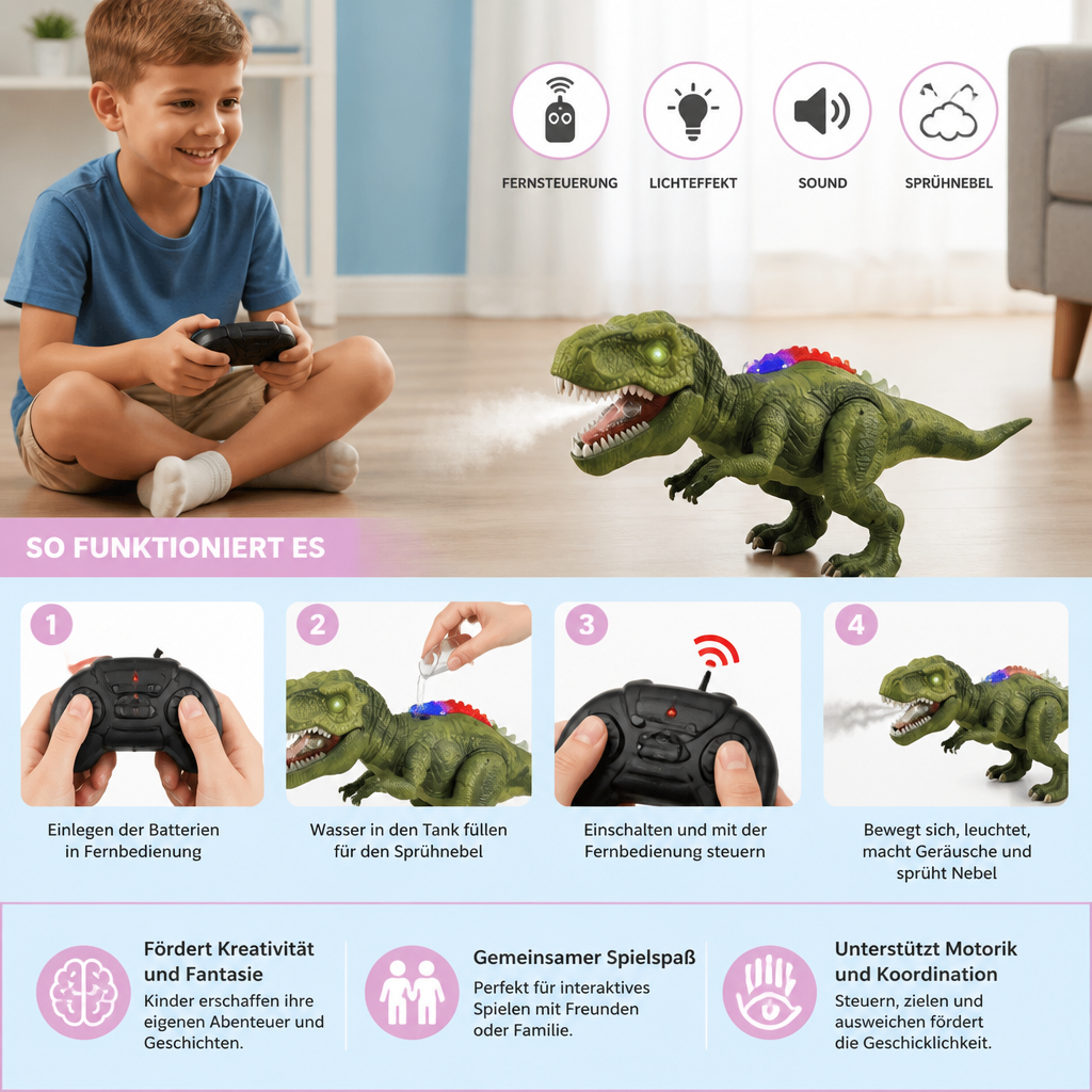 Ferngesteuerter laufender T-Rex – RC-Dinosaurier mit Sprühnebel, Licht & Sound