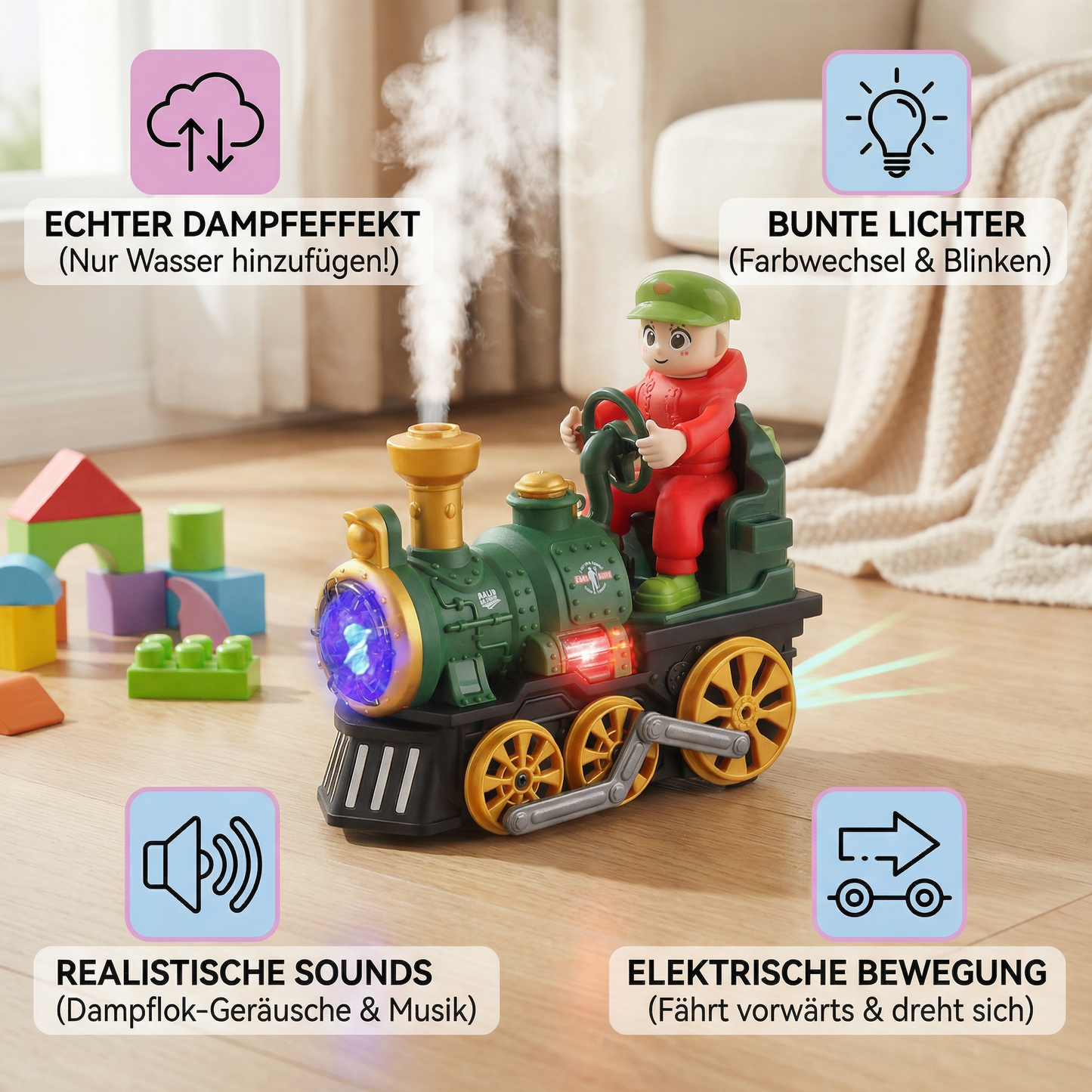 Niedliche Spielzeug-Dampflok mit Licht, Musik & Dampfeffekt