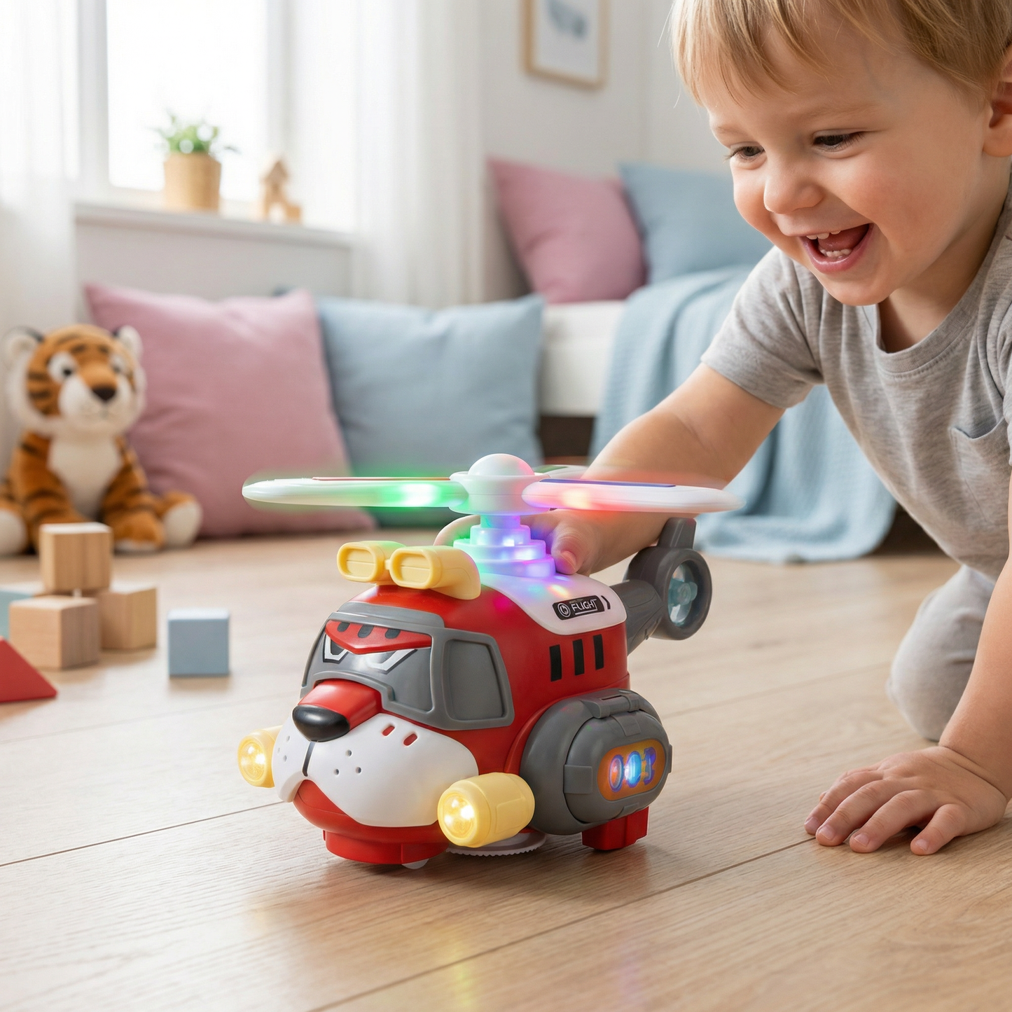 Lustiges Tiger-Flugzeug für Kinder – Spielzeug mit 360° Drehfunktion, Licht & Sound