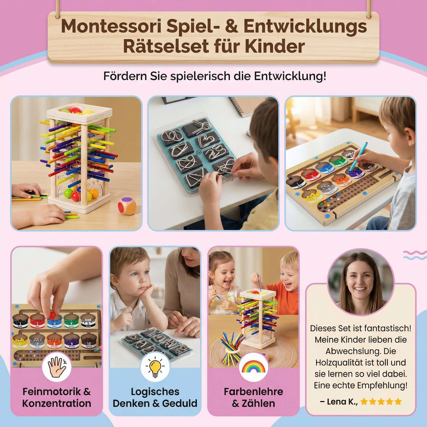 3-Teiliges Montessori Spiel- & Entwicklungs Rätselset für Kinder