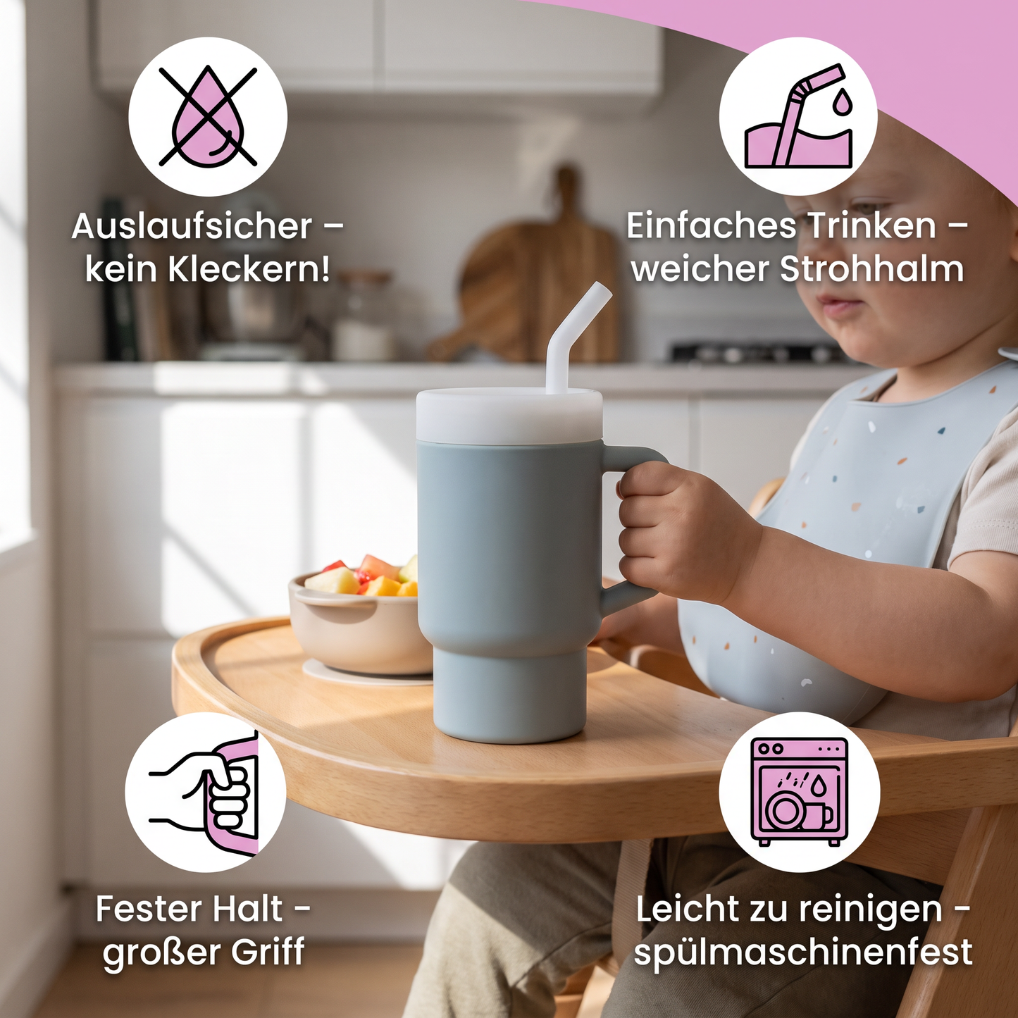 Auslaufsicherer Silikon-Trinkbecher mit Strohhalm für Kleinkinder