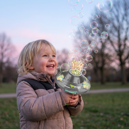 Leuchtende UFO-Seifenblasenmaschine für Kinder – Wiederaufladbarer Blasen Kreisel mit Lichteffekten