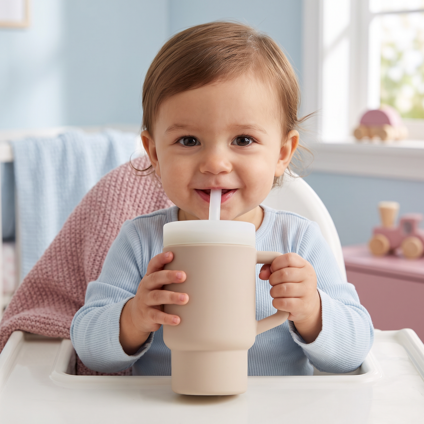 Auslaufsicherer Silikon-Trinkbecher mit Strohhalm für Kleinkinder