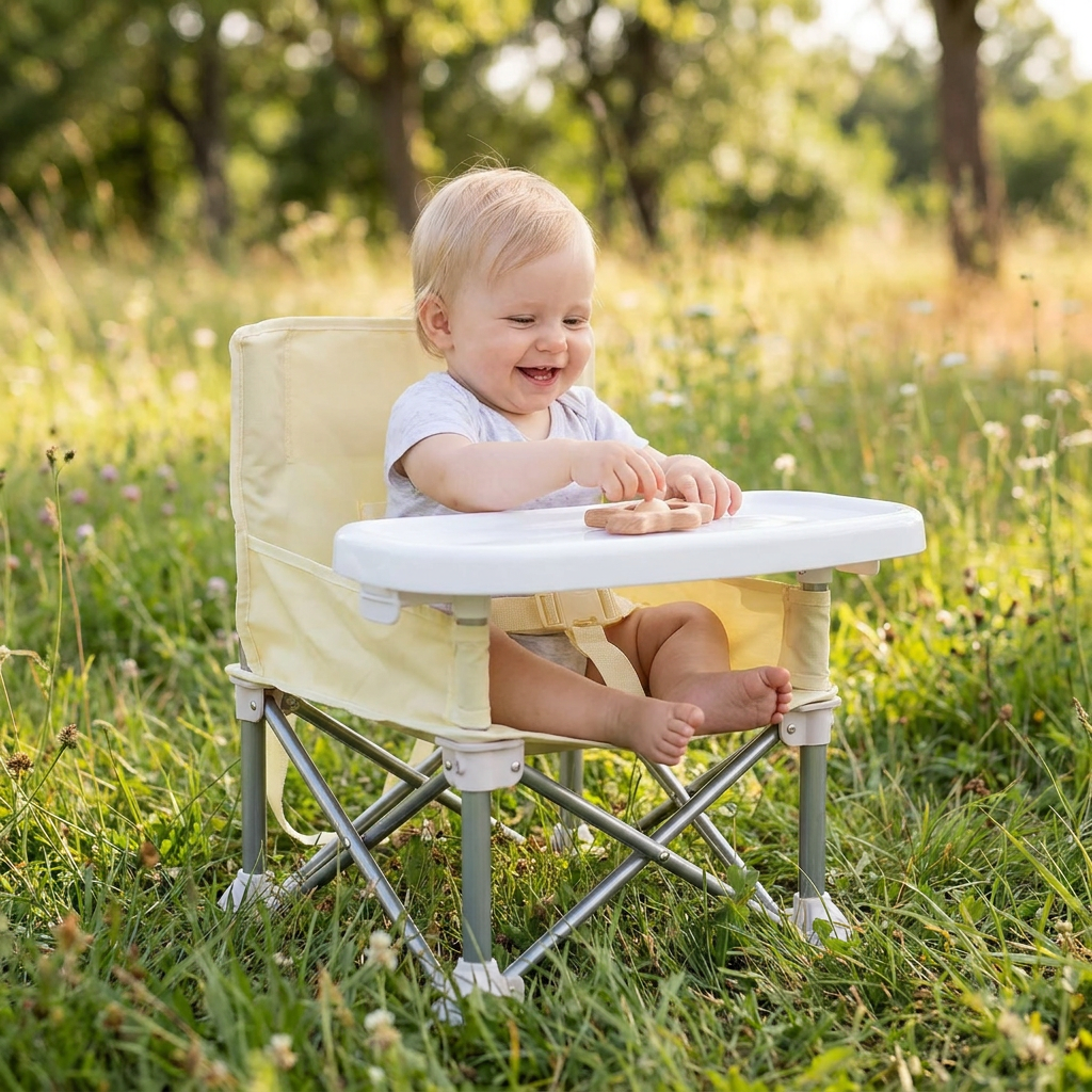 Faltbarer Baby Campingstuhl mit Tablett für Unterwegs