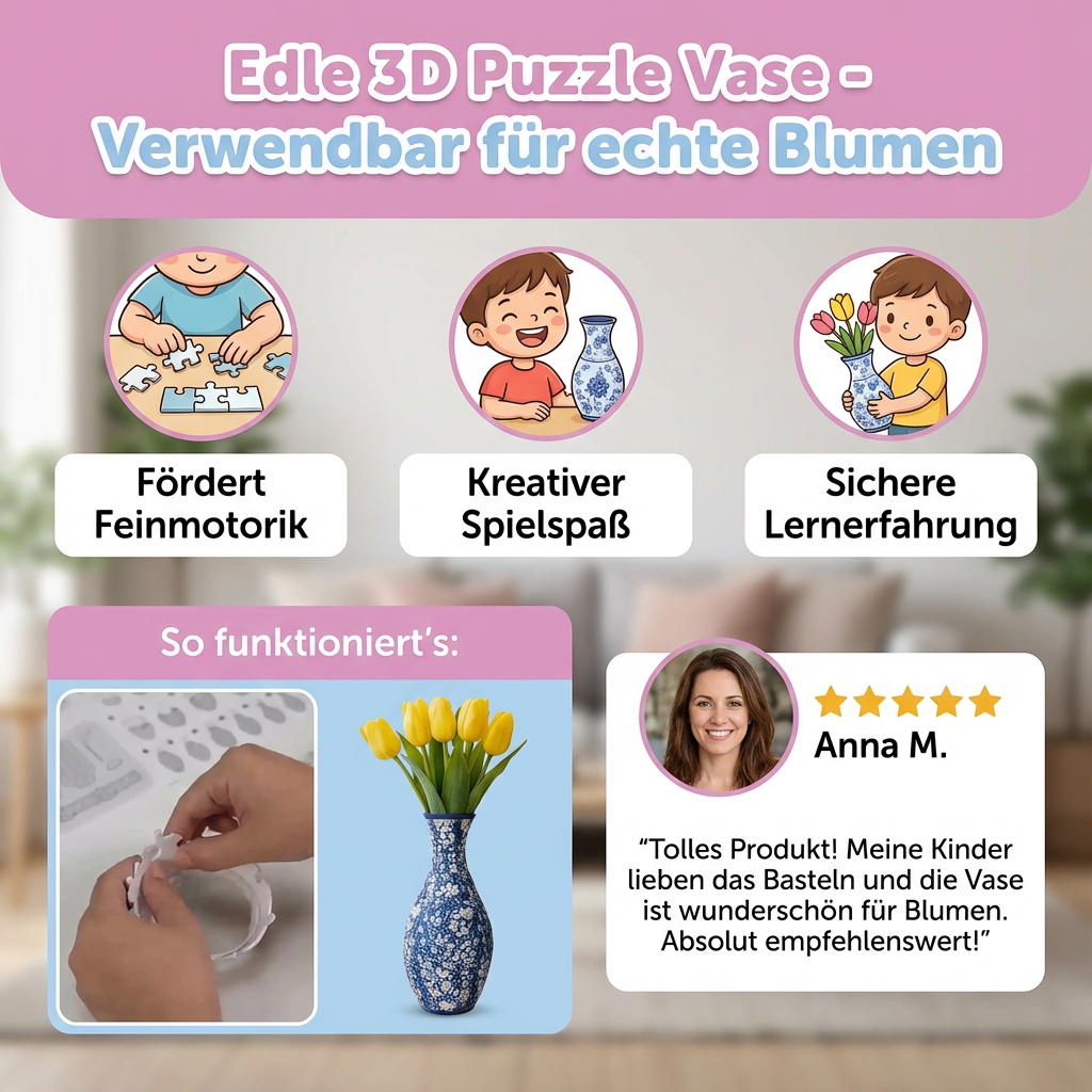 Edle 3D Puzzle Vase - Verwendbar für echte Blumen