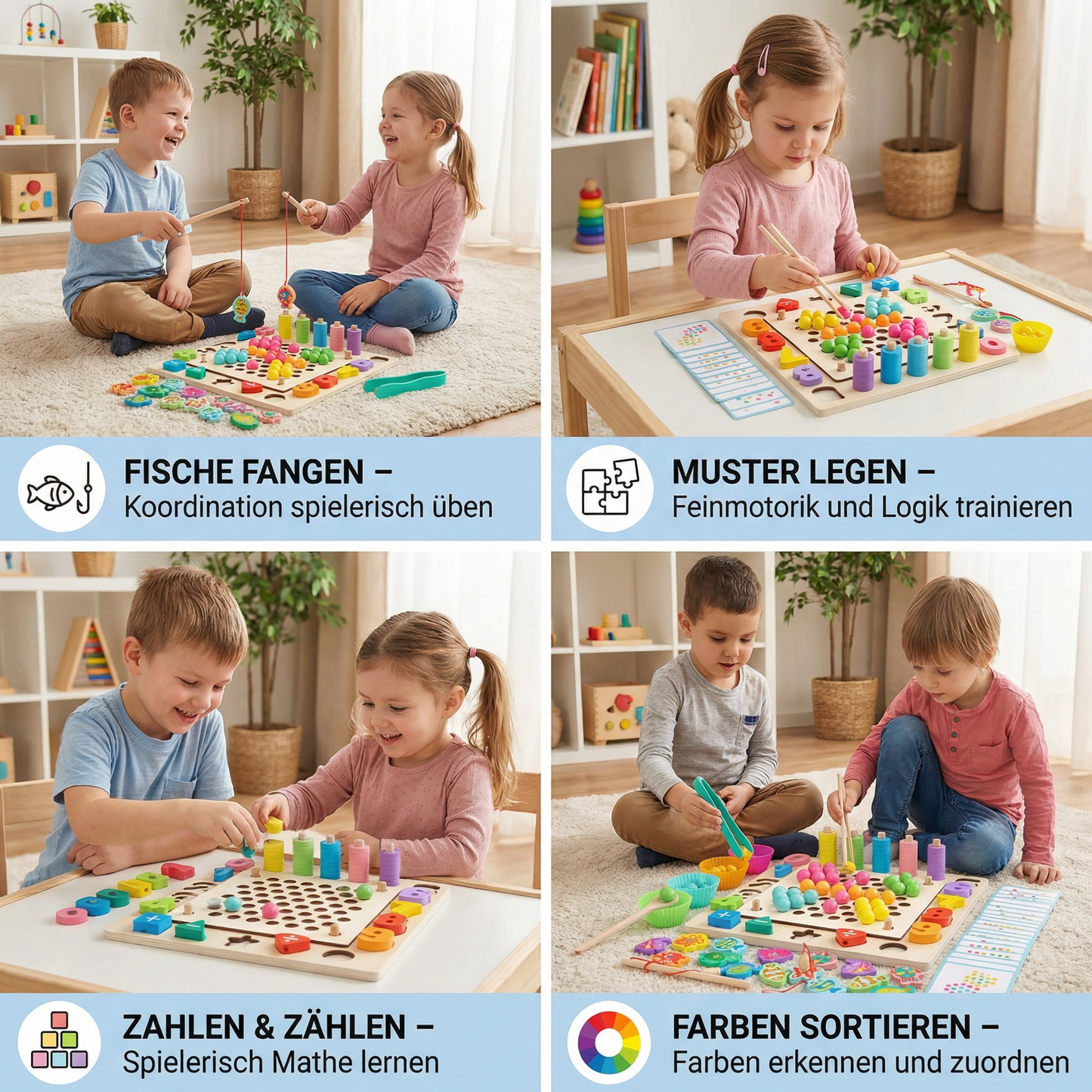 Montessori 6-in-1 Angelspiel aus Holz – Lernspiel für Zahlen, Farben & Feinmotorik
