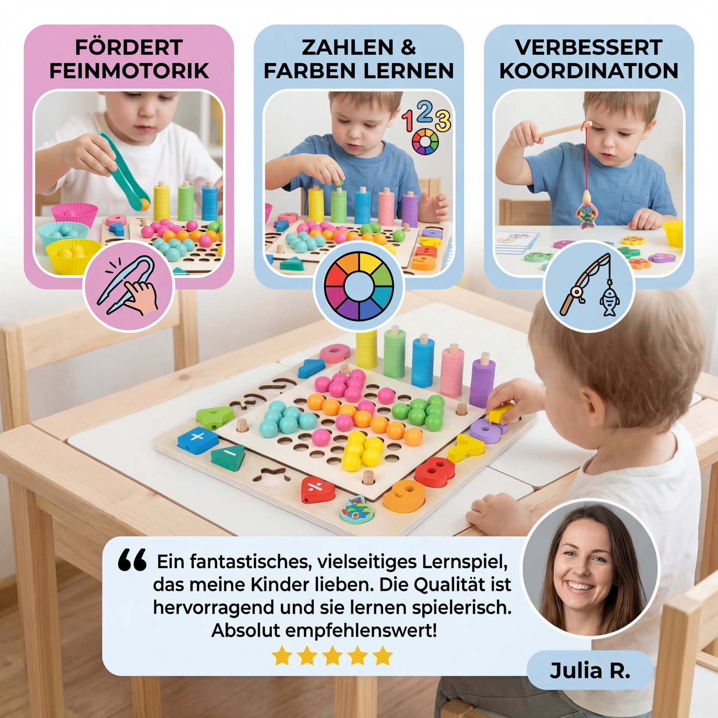 Montessori 6-in-1 Angelspiel aus Holz – Lernspiel für Zahlen, Farben & Feinmotorik