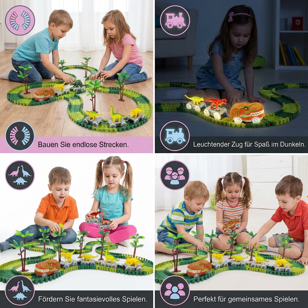 Dinosaurier Strecken Abenteuer – Flexible Rennbahn mit leuchtendem Zug