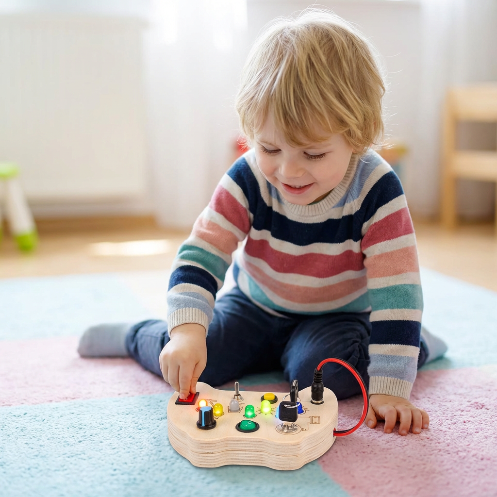LED Controller Busy Board aus Holz – Montessori Lernspielzeug zur Förderung von Motorik