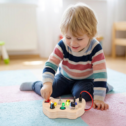 LED Controller Busy Board aus Holz – Montessori Lernspielzeug zur Förderung von Motorik