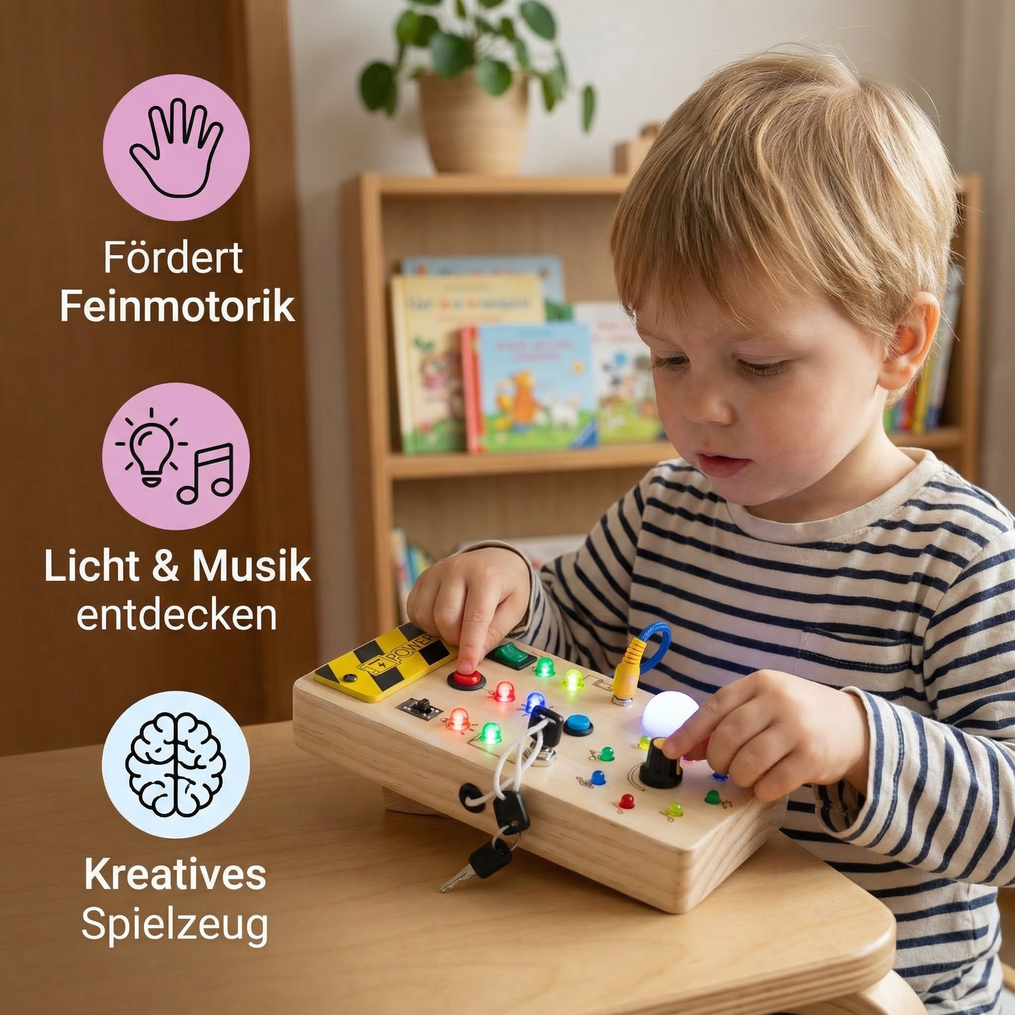 LED Controller Busy Board aus Holz – Montessori Lernspielzeug zur Förderung von Motorik