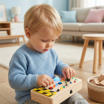 LED Controller Busy Board aus Holz – Montessori Lernspielzeug zur Förderung von Motorik