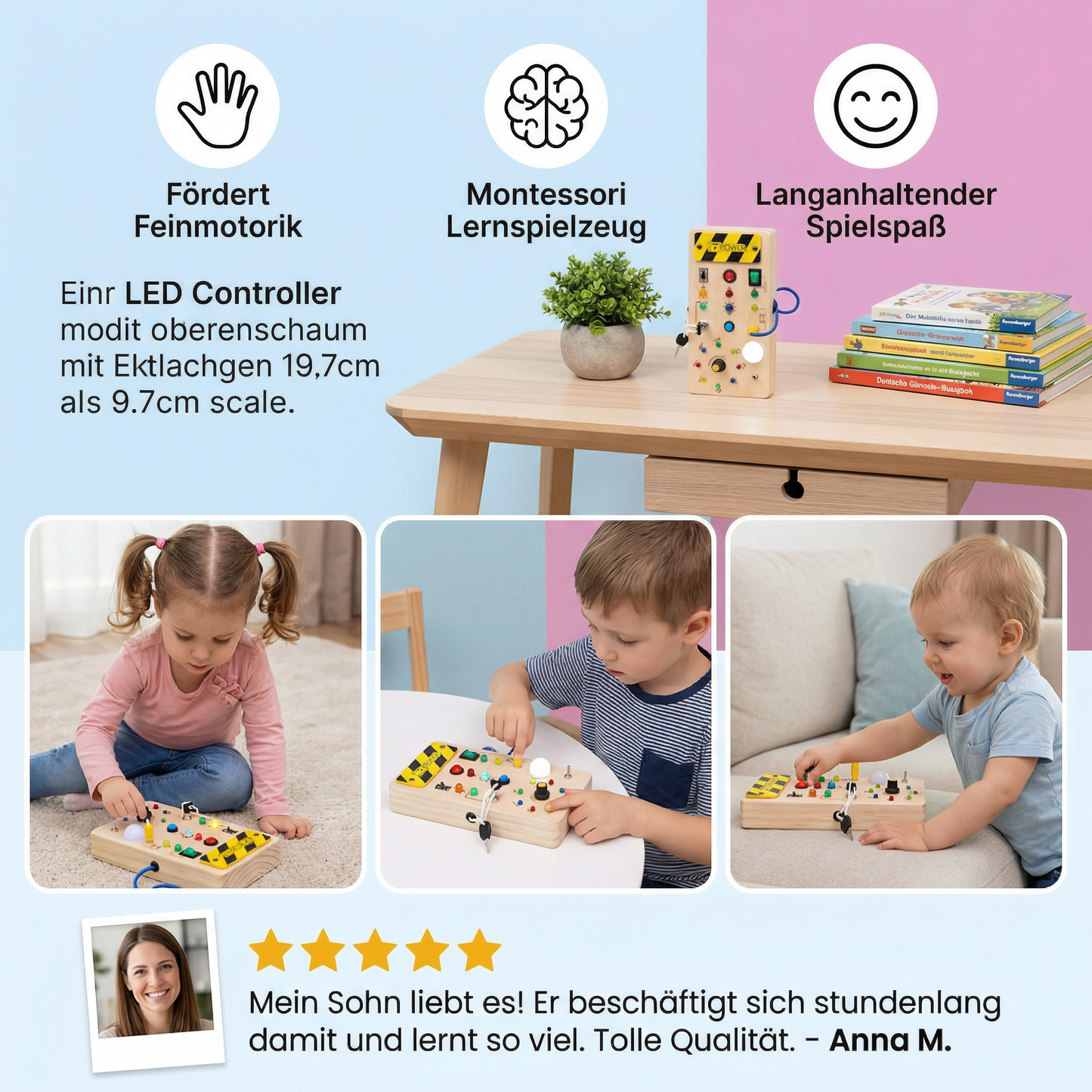 LED Controller Busy Board aus Holz – Montessori Lernspielzeug zur Förderung von Motorik