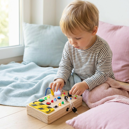 LED Controller Busy Board aus Holz – Montessori Lernspielzeug zur Förderung von Motorik