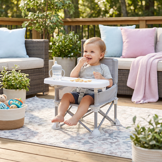 Faltbarer Baby Campingstuhl mit Tablett für Unterwegs