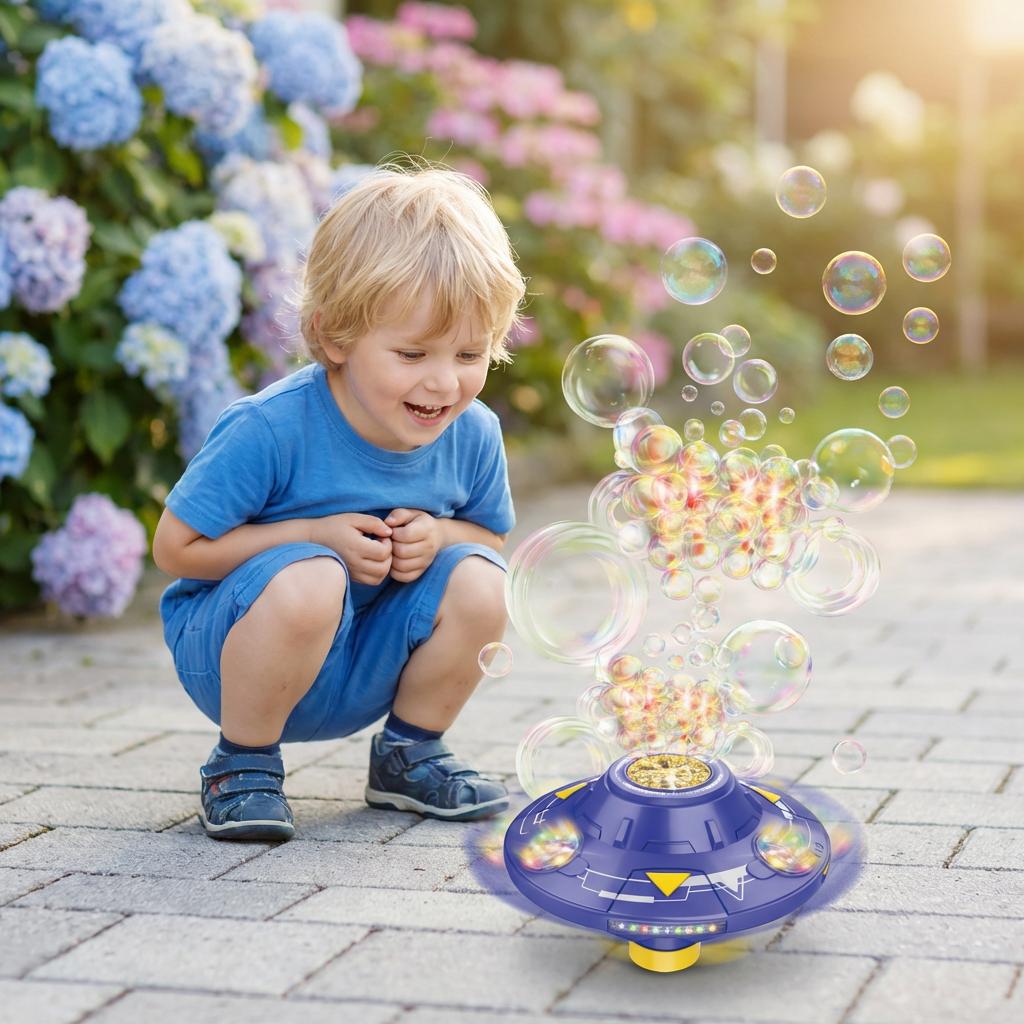 Leuchtende UFO-Seifenblasenmaschine für Kinder – Wiederaufladbarer Blasen Kreisel mit Lichteffekten
